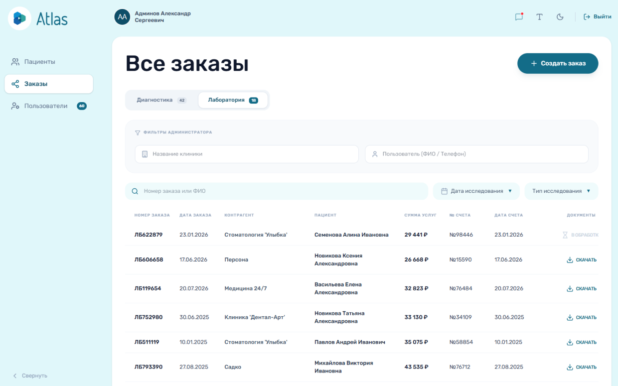 Личный кабинет врача экосистемы лаборатории и диагностики Atlas